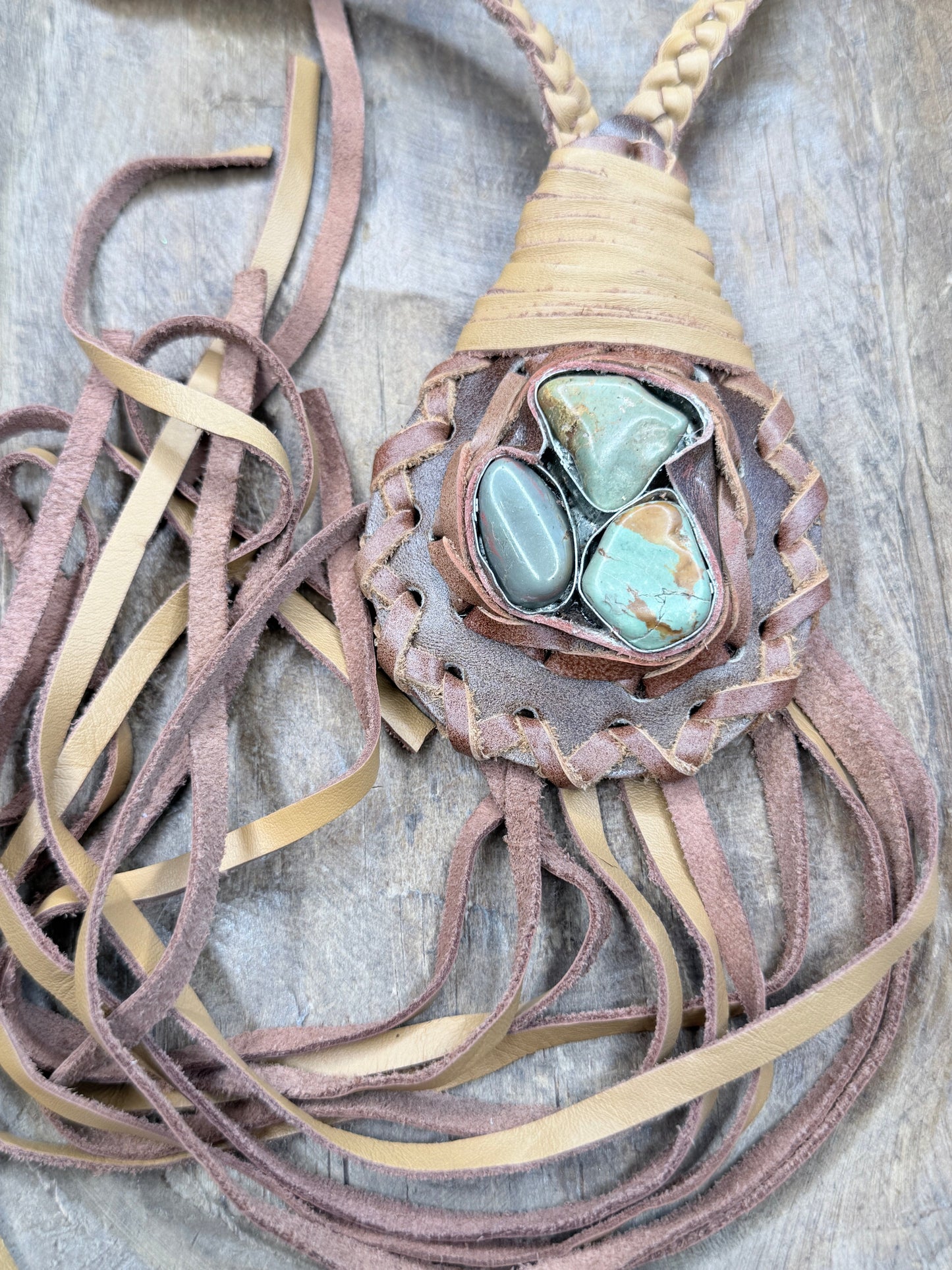 A Rare Bird- Turquoise Braided Leather Fringe Necklace
