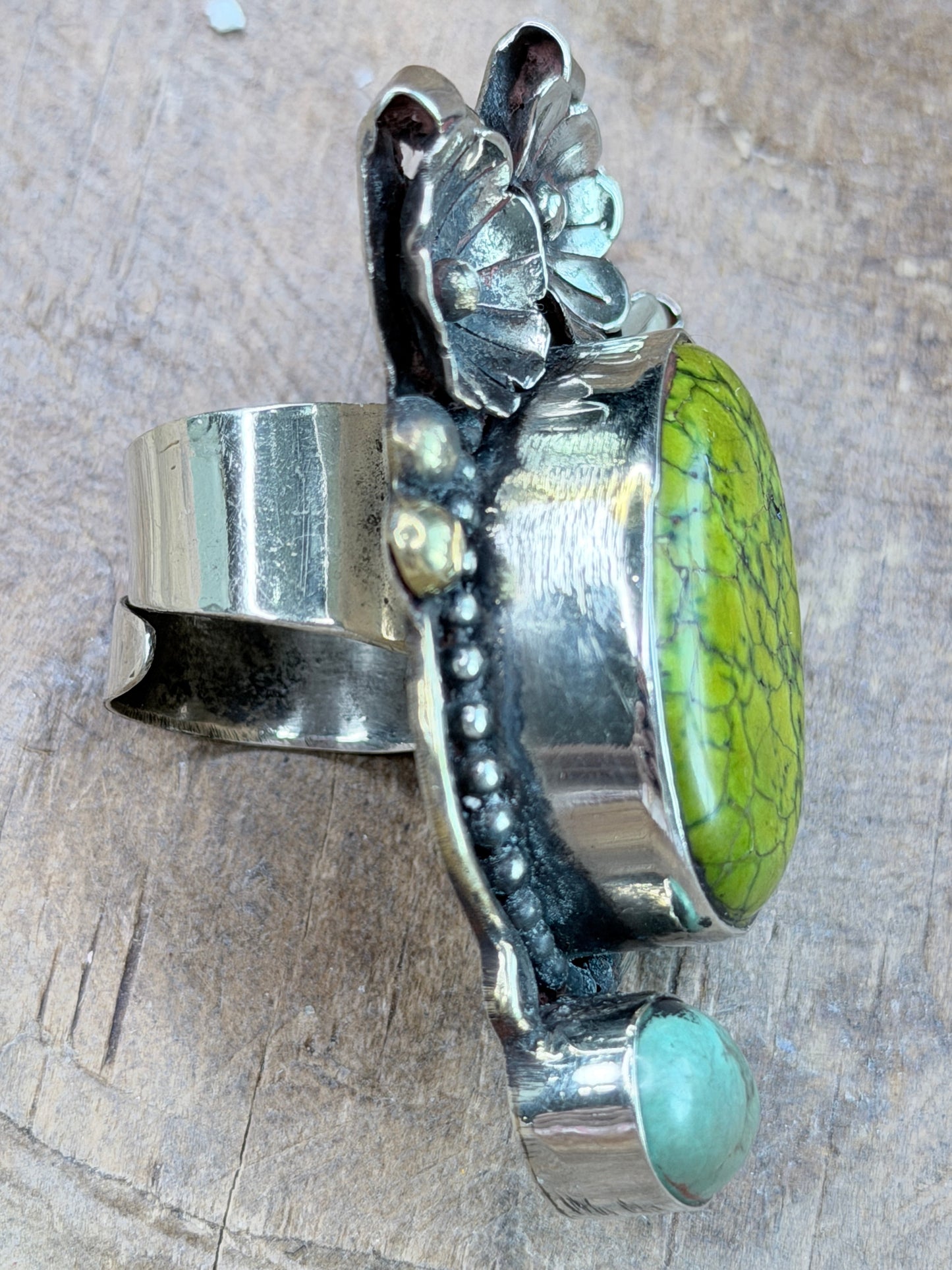 German Silver Unique Turquoise Flower Ring