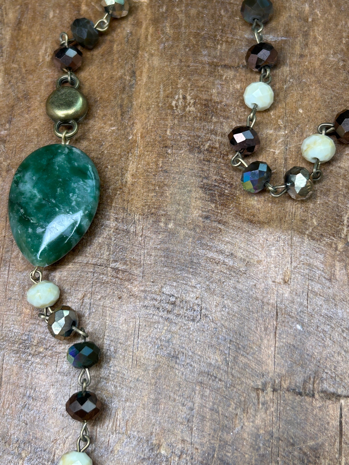 Long Multi-Beaded Shiny Necklace with Green Stones