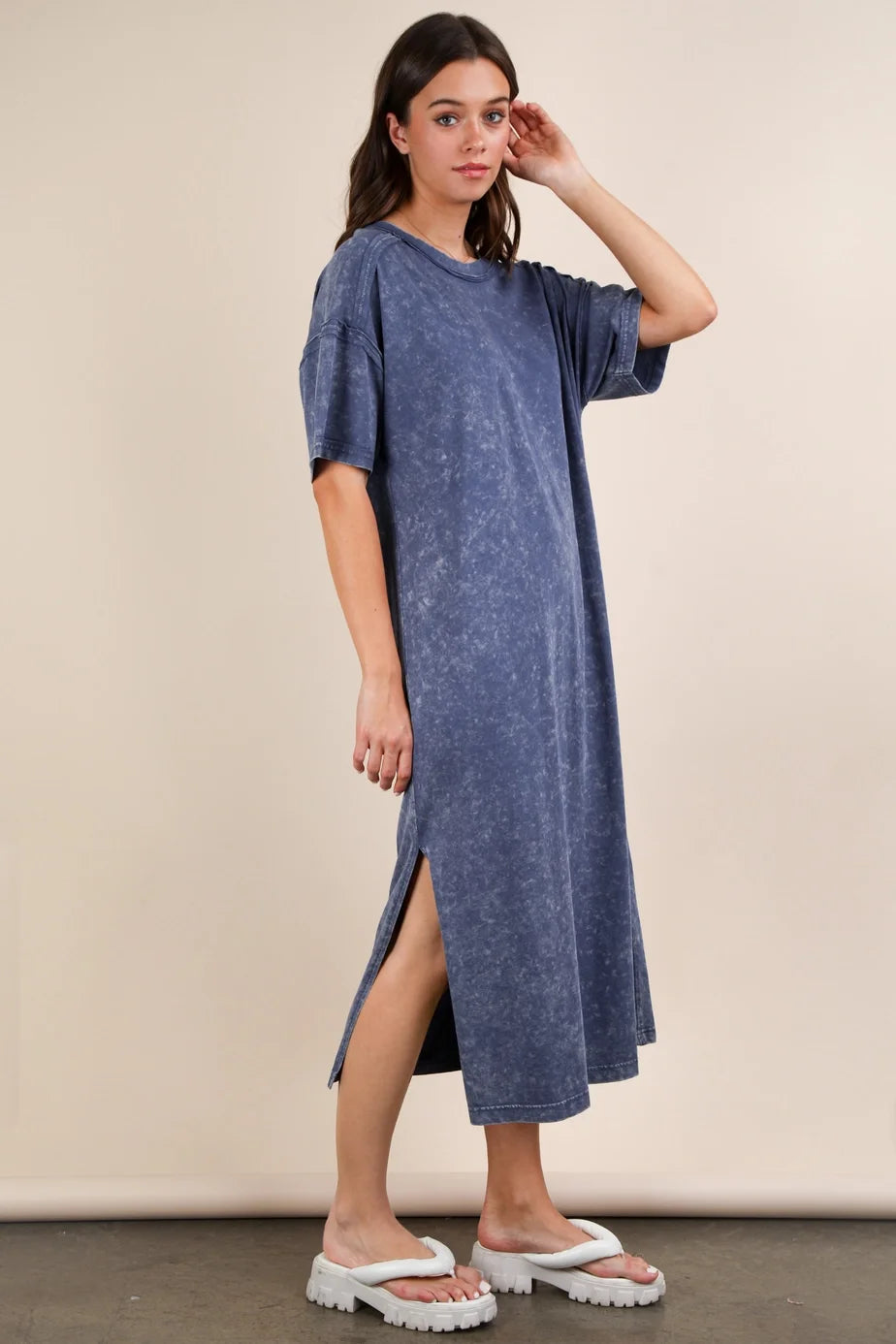 Very J Mineral Washed Casual Comfy Midi Dress Denim *Final Sale*