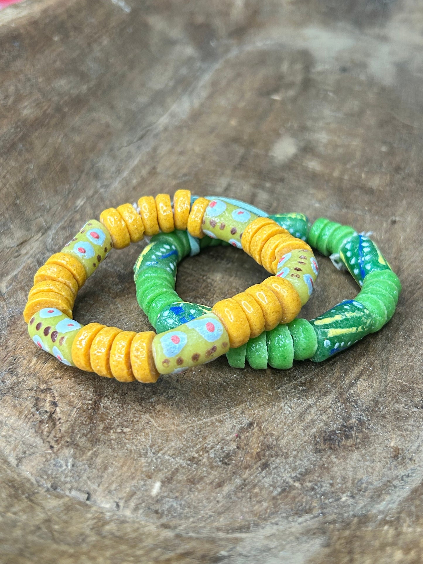 African Glass Bead Bracelet Stack (YELLOW AND GREEN)