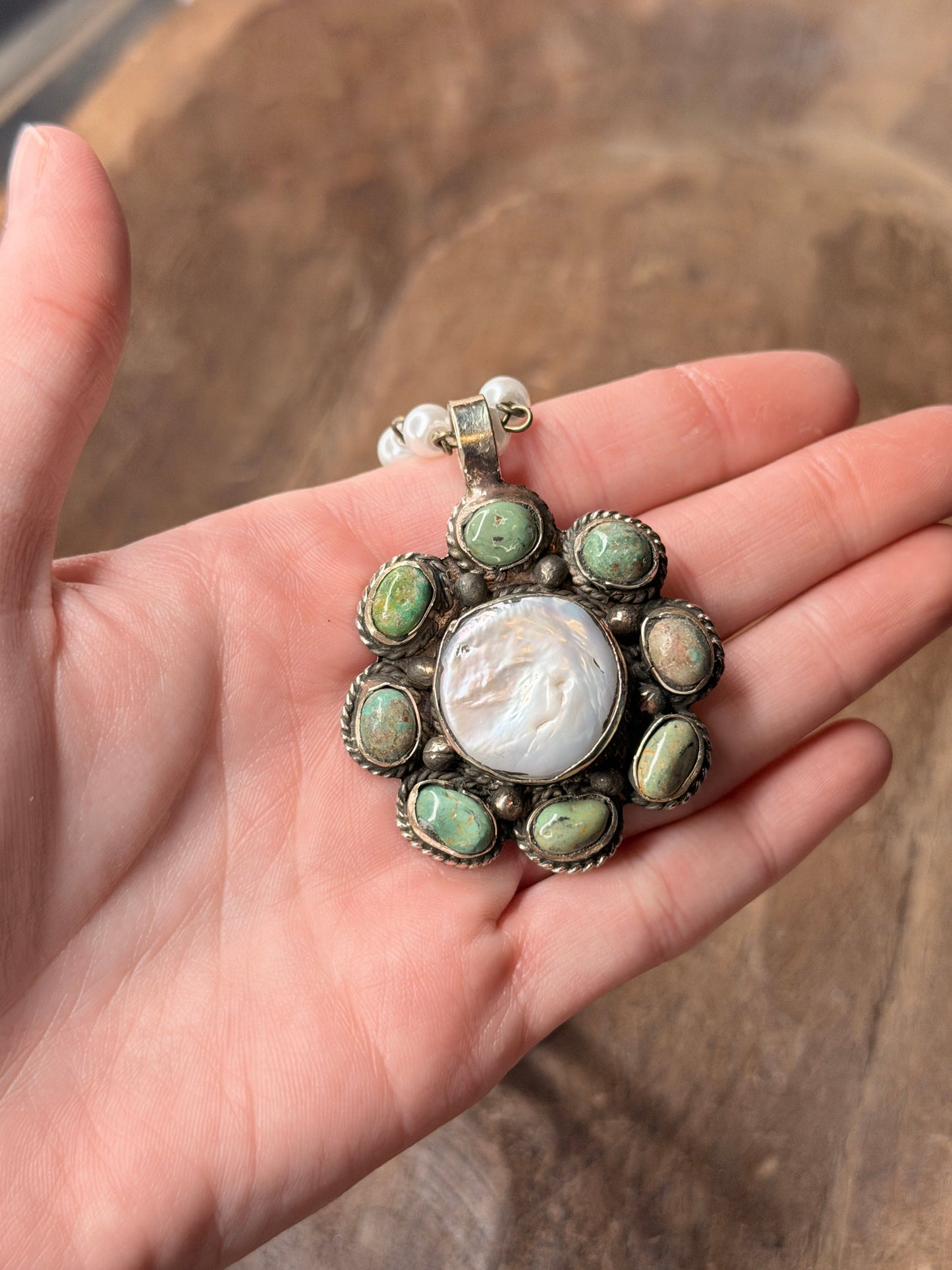 Tibetan Silver Dainty Turquoise and Pearl Flower Necklace