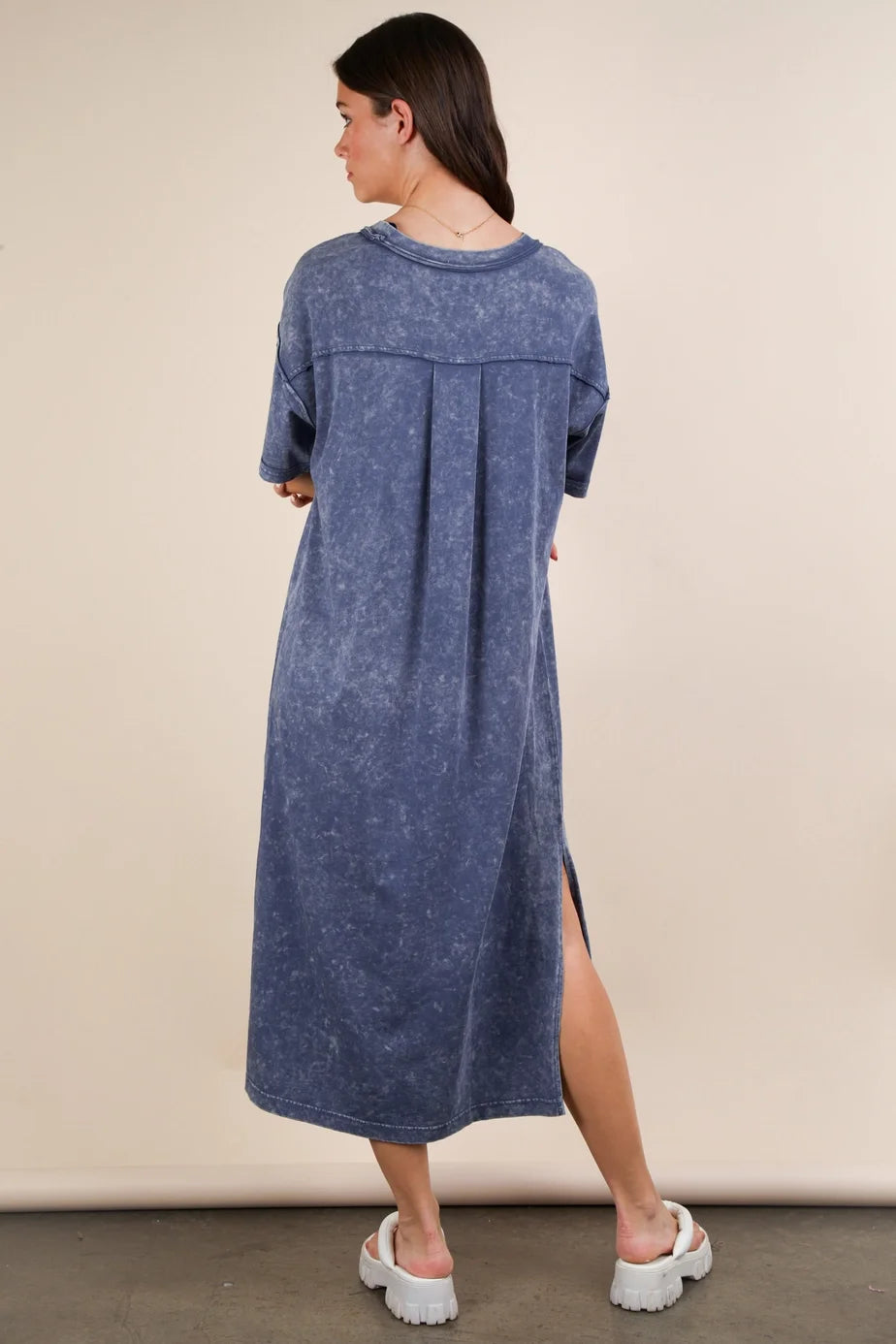 Very J Mineral Washed Casual Comfy Midi Dress Denim *Final Sale*