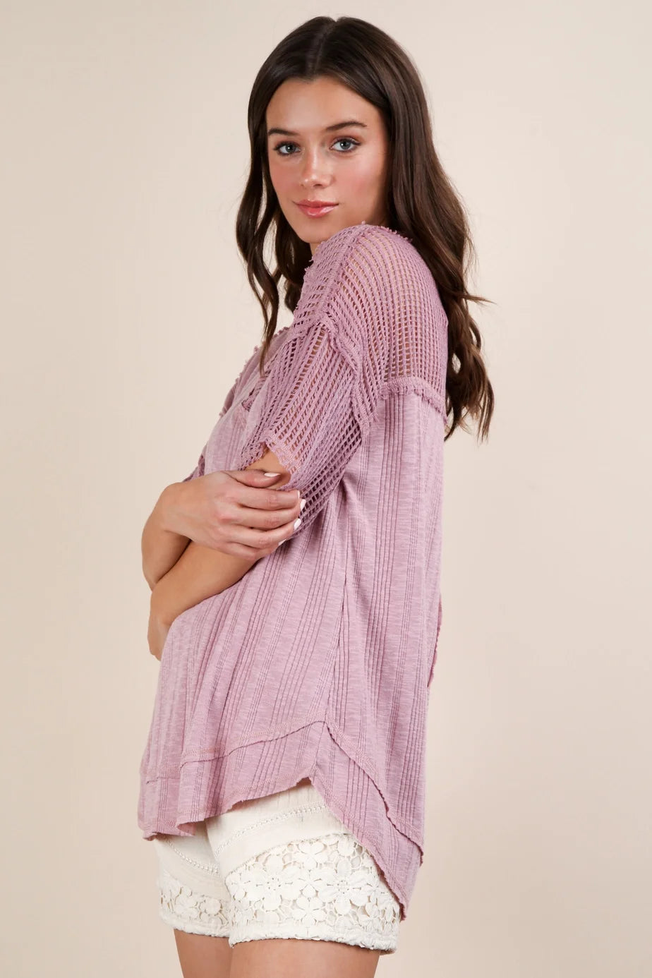 Very J Oversized Contrast Knit Comfy Casual Top in Blush *Final Sale*