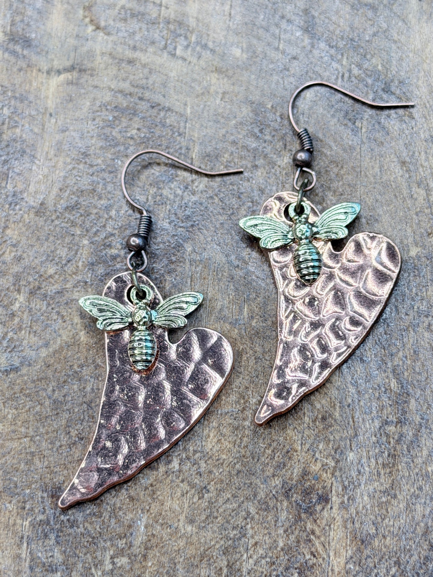 Hammered Hearts and Bees Earrings