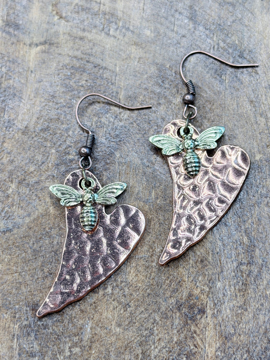 Hammered Hearts and Bees Earrings