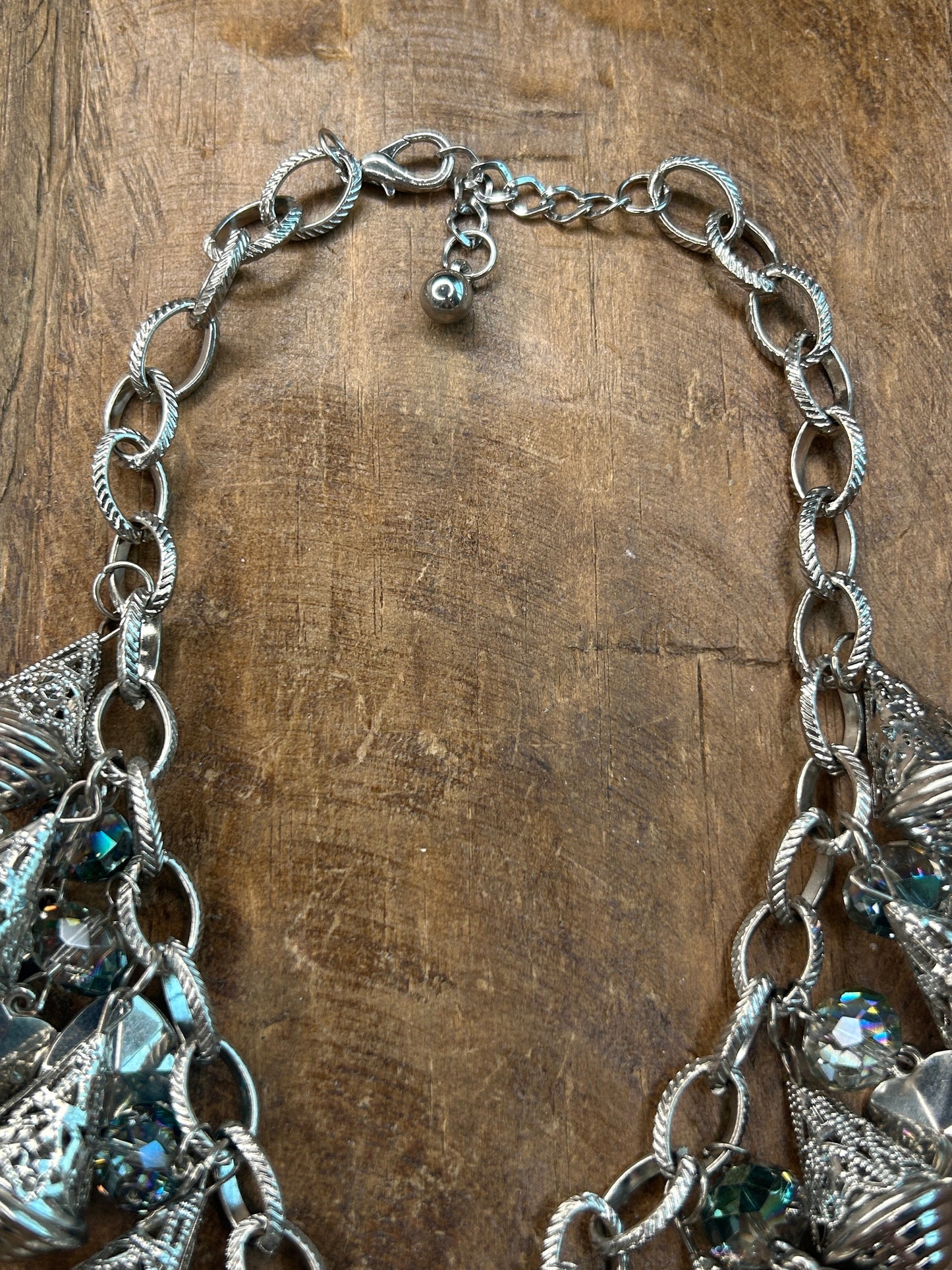 Silver Crystal and Heart Charm Necklace