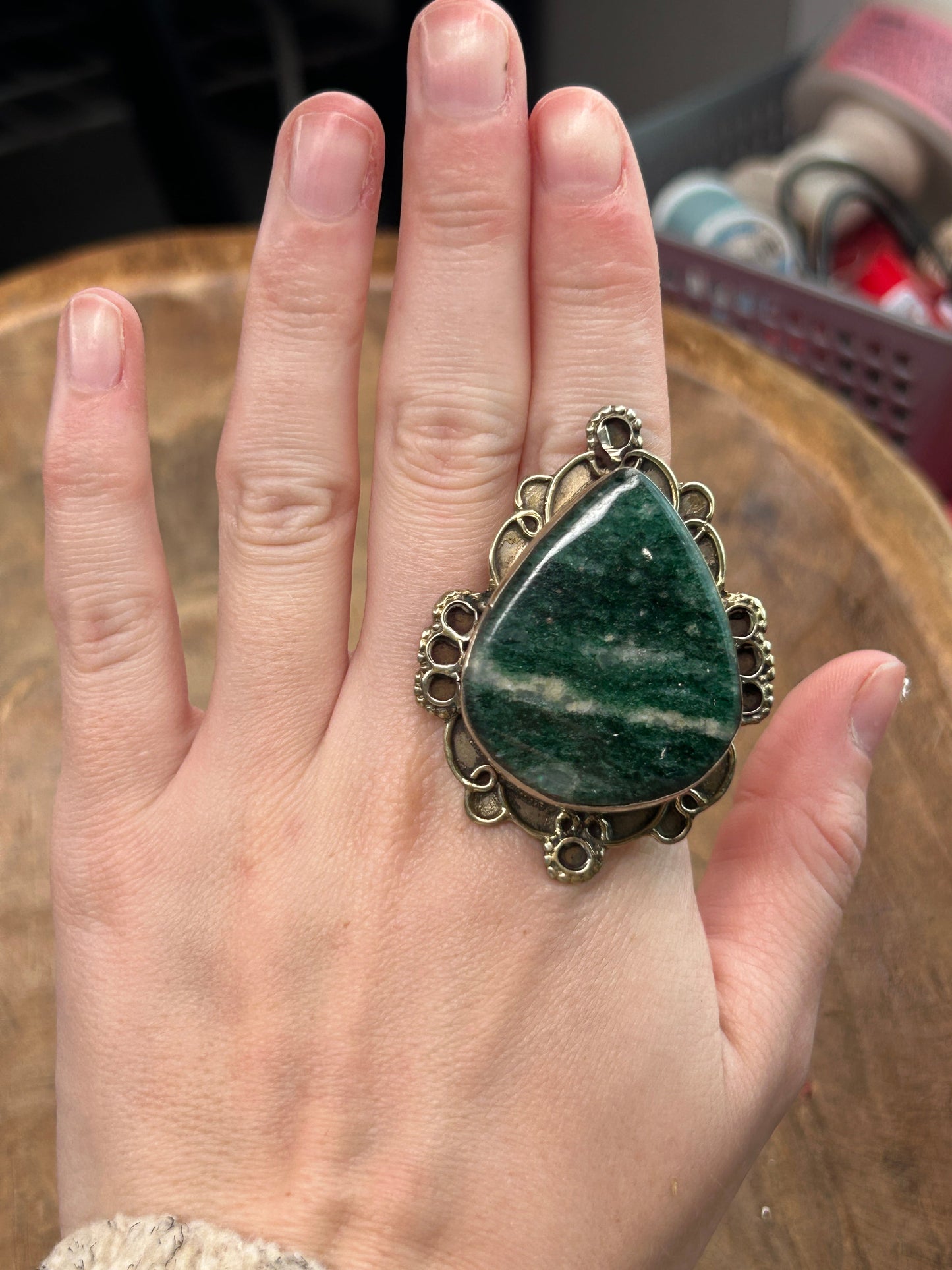 German Silver Aventurine Teardrop Ring