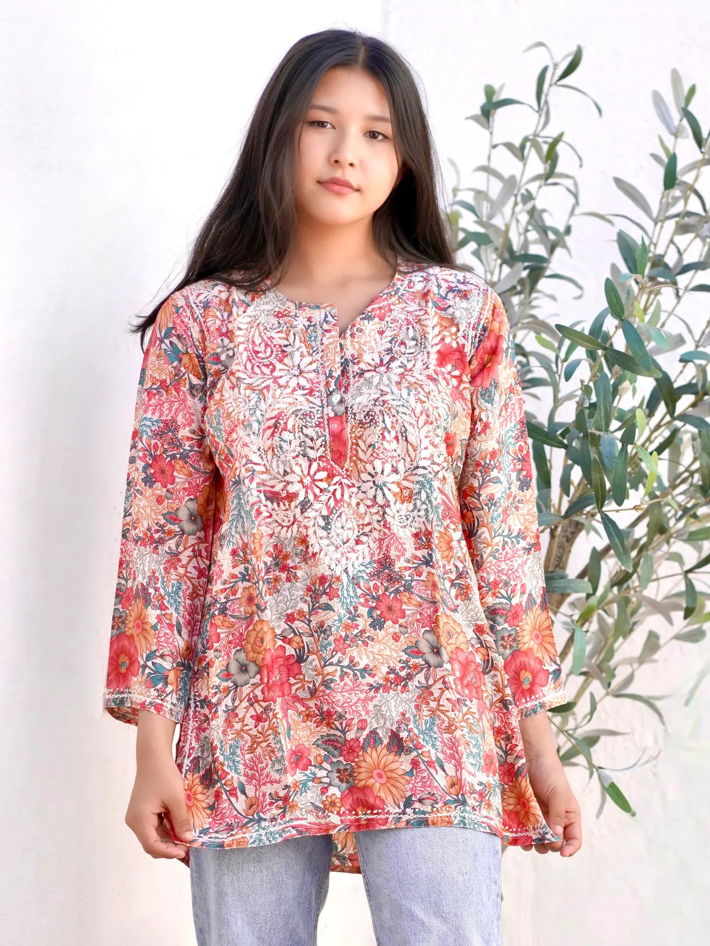 Dolma- Embroidered Teal and Coral Tunic Top *Final Sale*