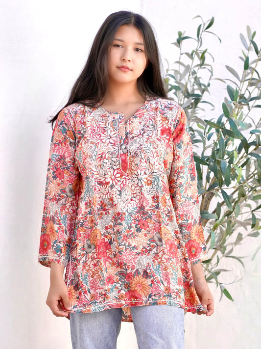 Dolma- Embroidered Teal and Coral Tunic Top *Final Sale*