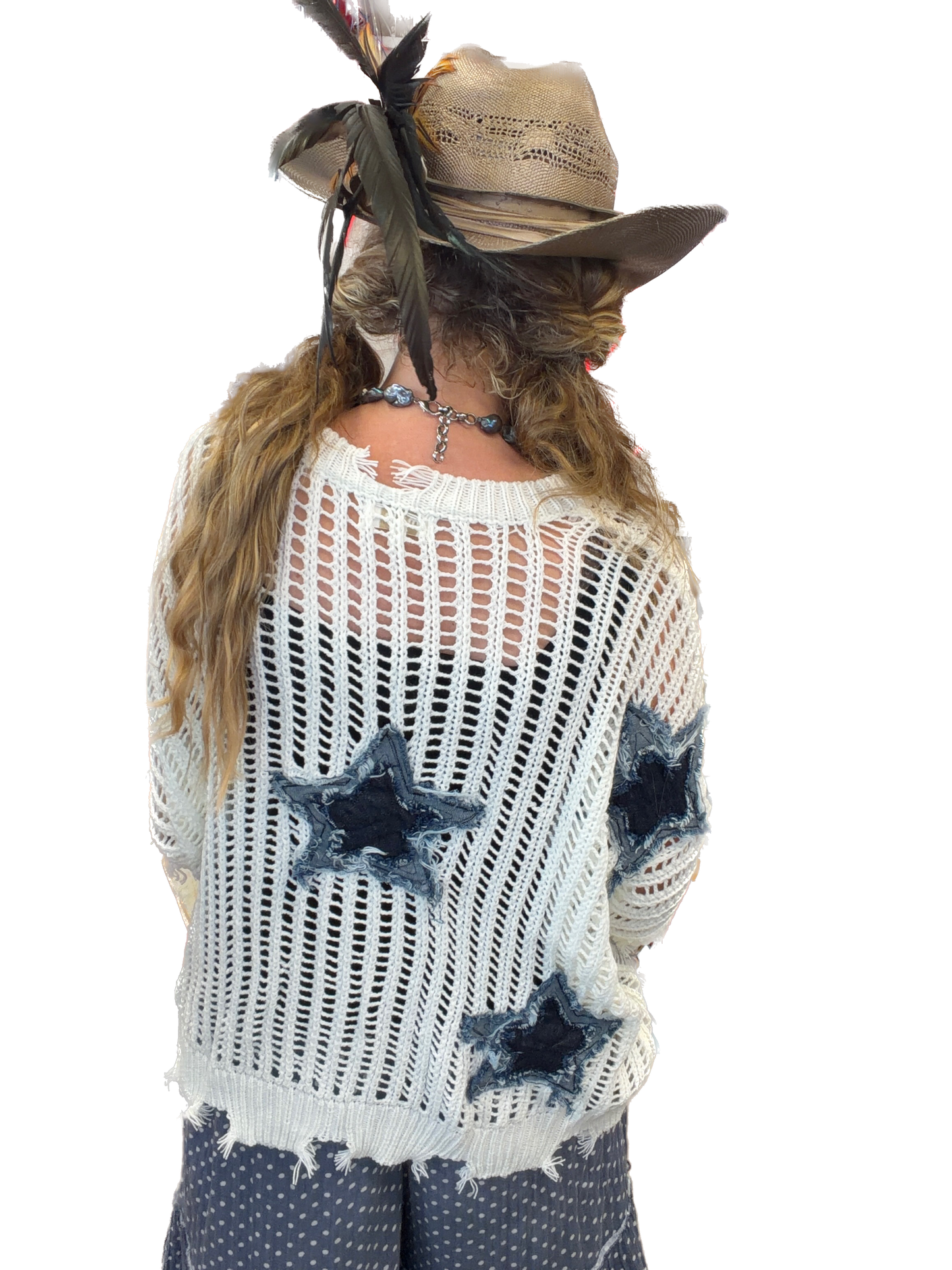 Distressed Star Knit Pullover (White) *Final Sale*