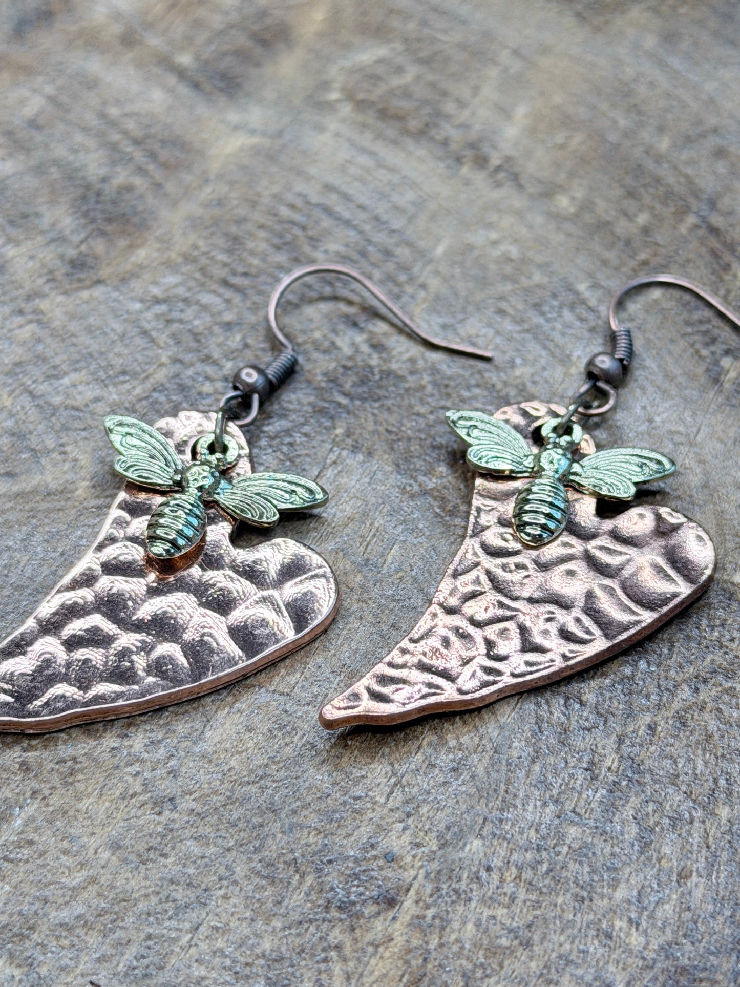 Hammered Hearts and Bees Earrings