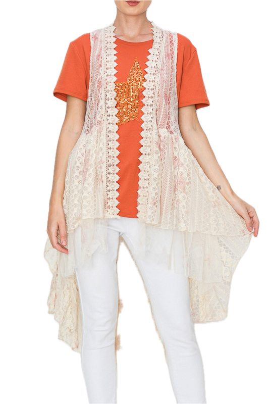 HIGH LOW ALL LACE VEST WITH PRINT