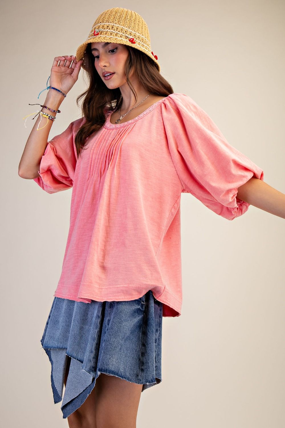 EASEL - Mineral Washed Knit Top (Coral) *Final Sale*