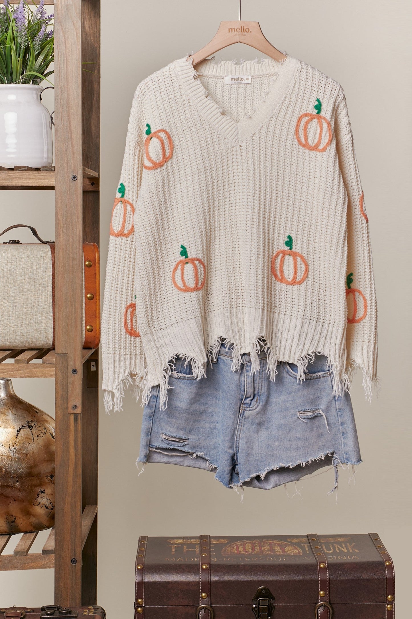 SALE Mello - Pumpkin Embroidered Distressed Sweater (Ivory) *Final Sale*