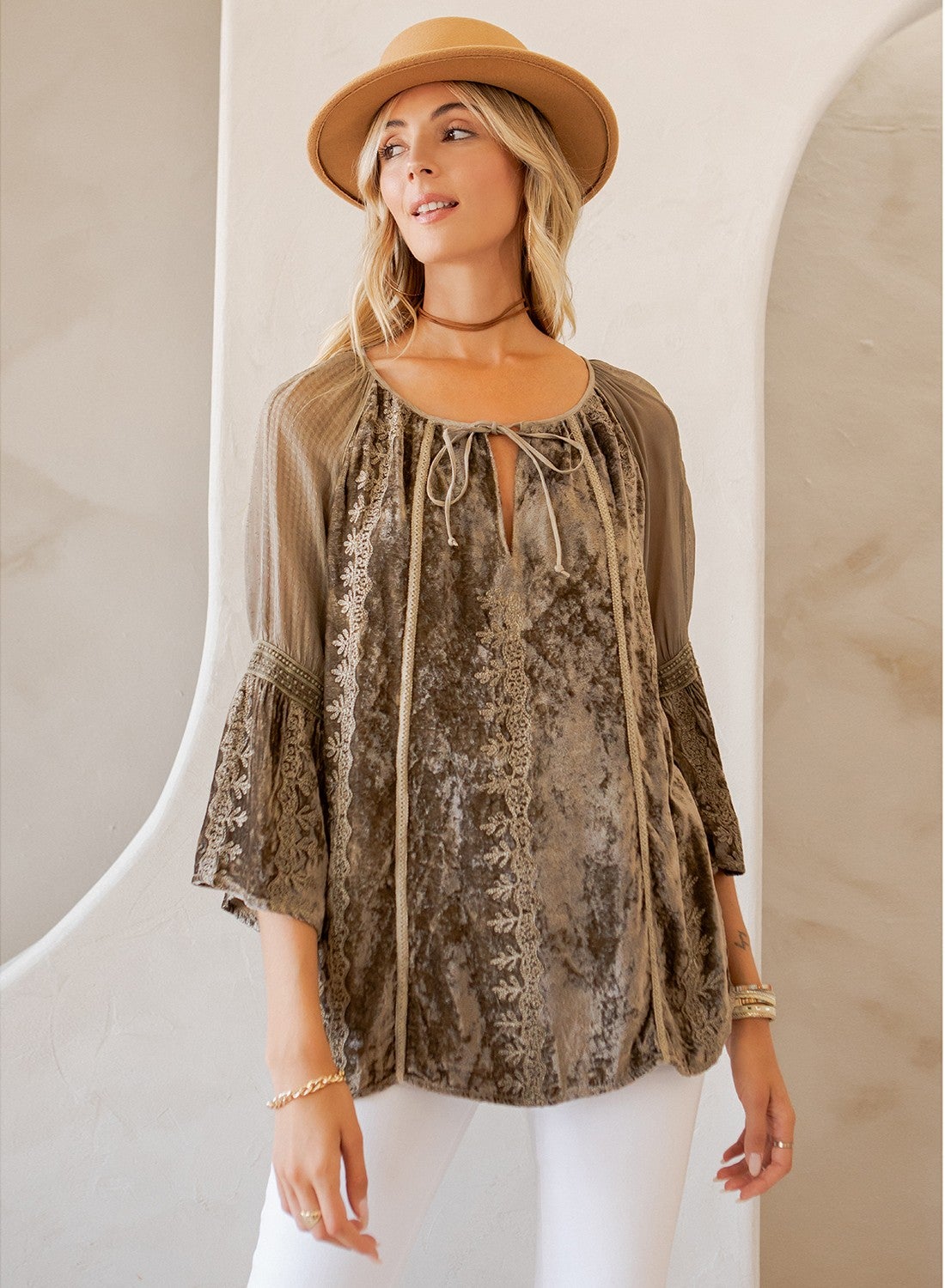 SALE Bohemian Opulence Velvet Patchwork Top (Olive) *Final Sale*