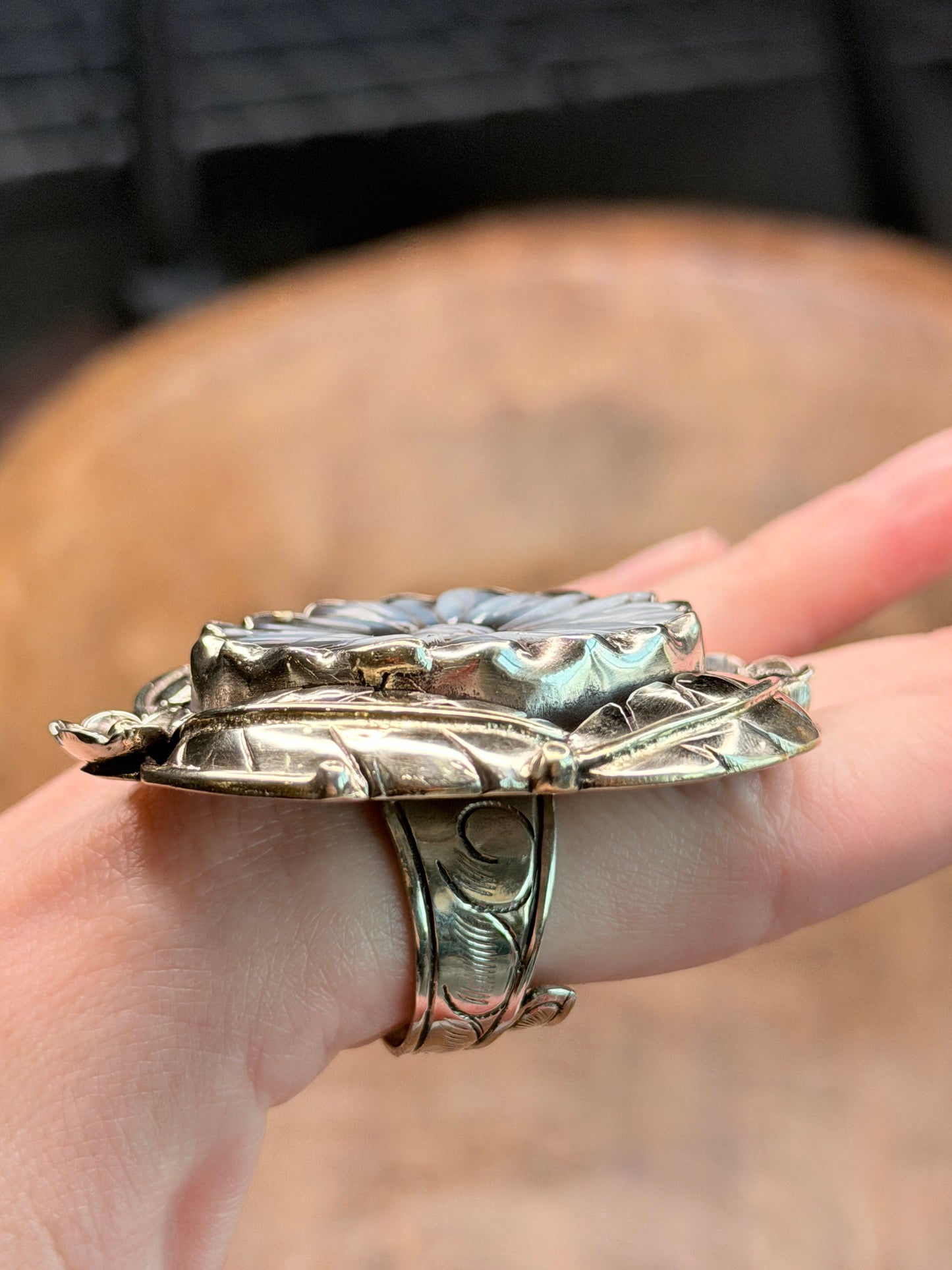Beck Tibetan Silver Mother of Pearl Carved Flower Ring
