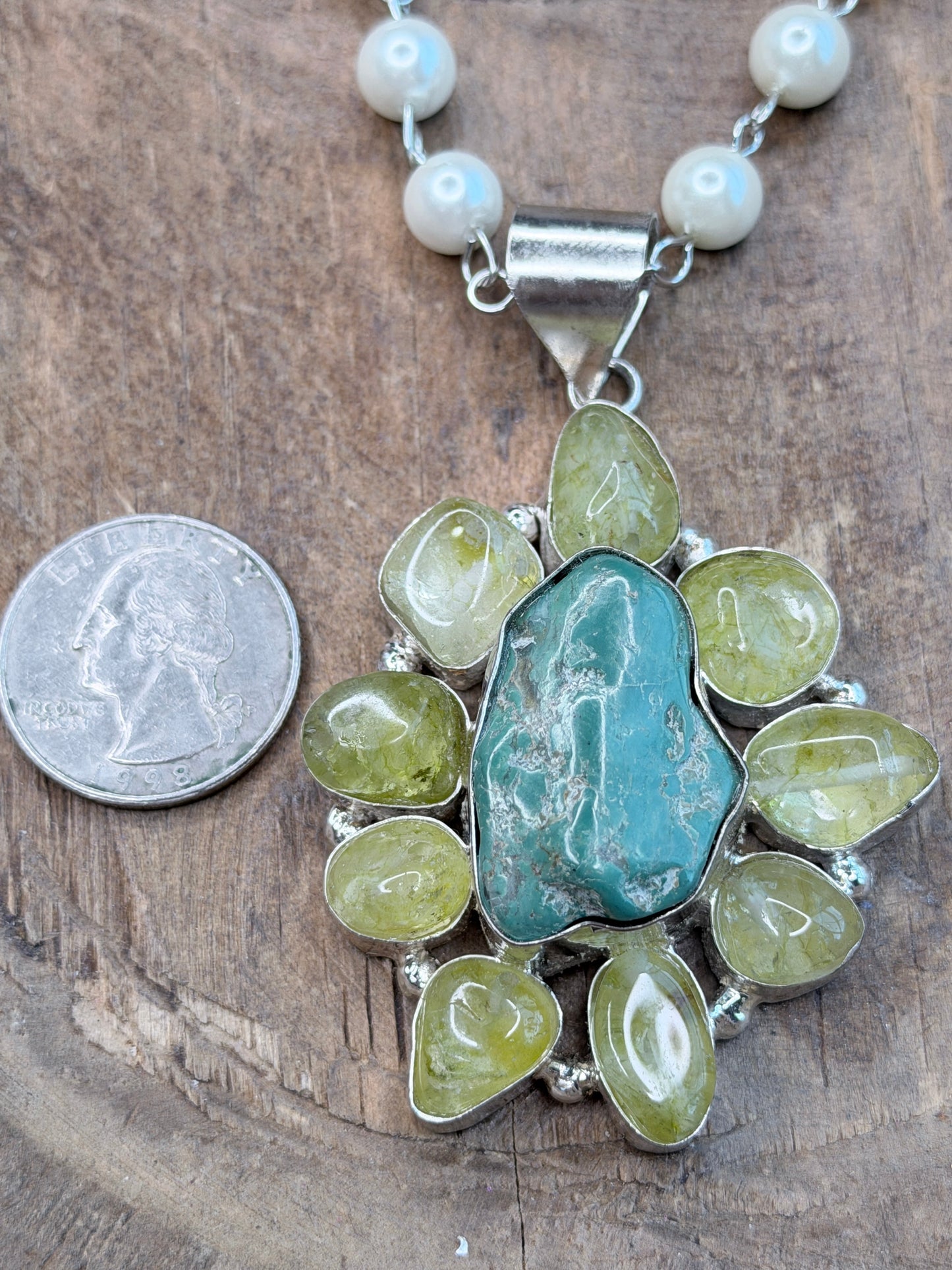 German Silver Moss Prehnite and Turquoise Necklace