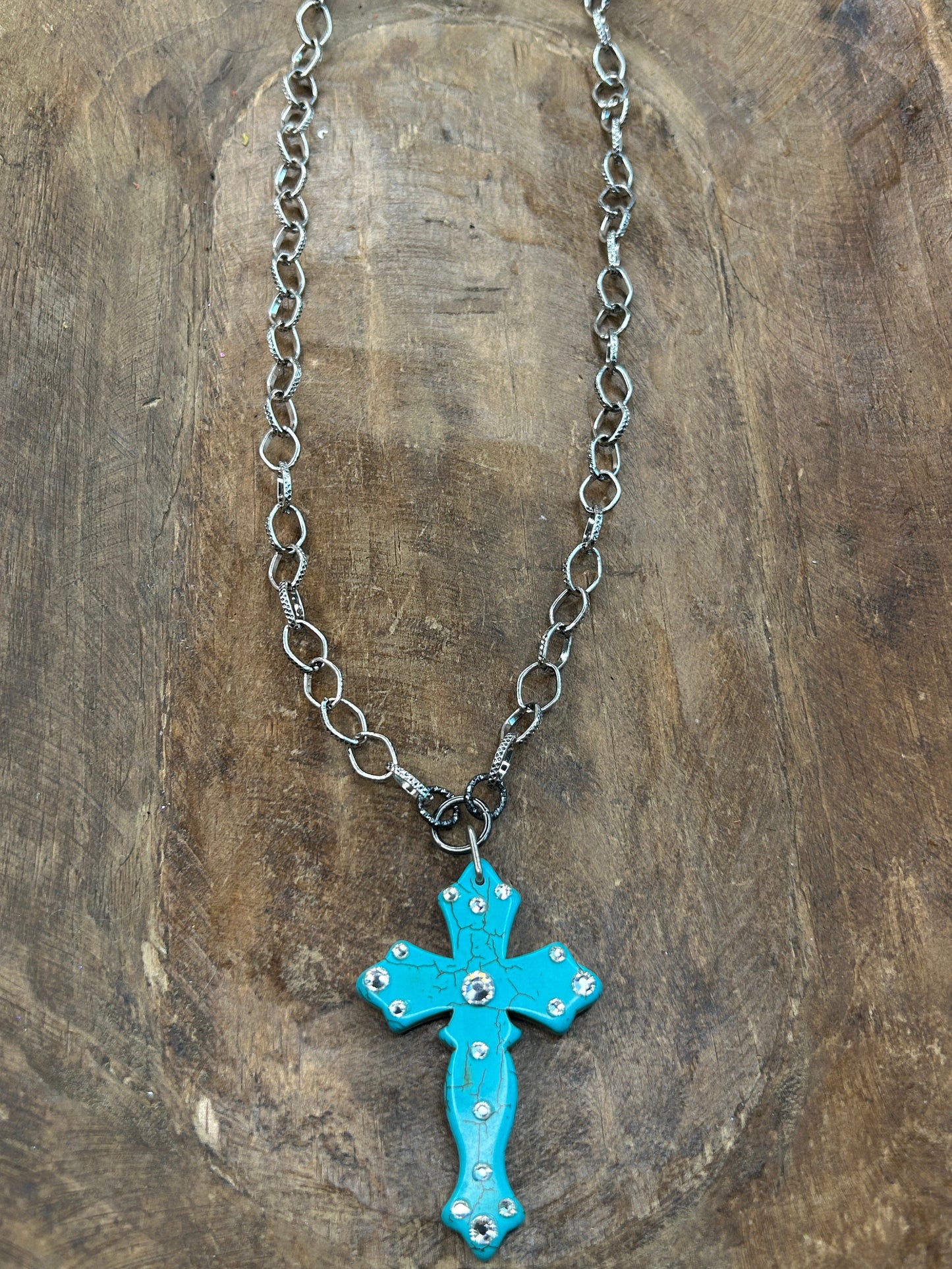 Lost & Found- Turquoise and Rhinestone Cross Necklace