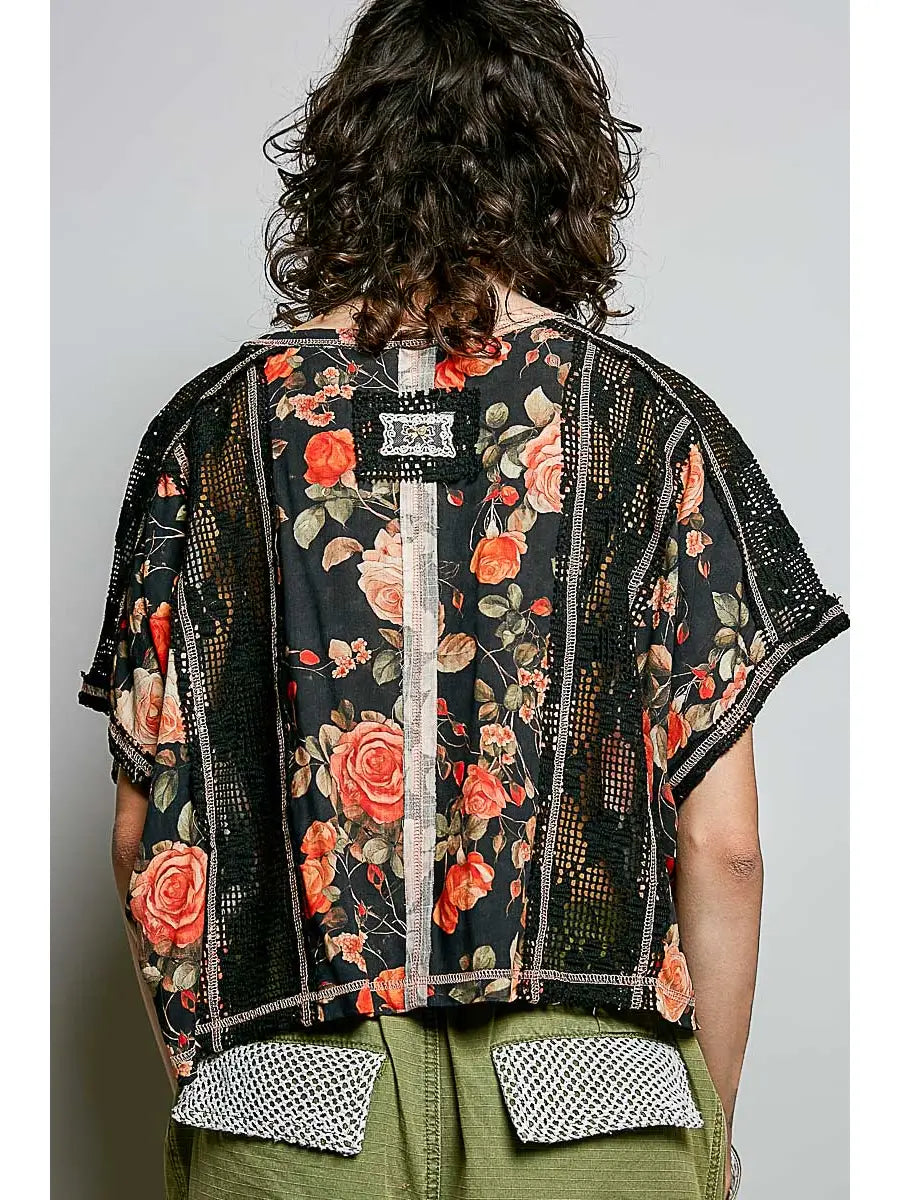 POL- V-Neck Crochet Patch Knit Top (Black/Floral)