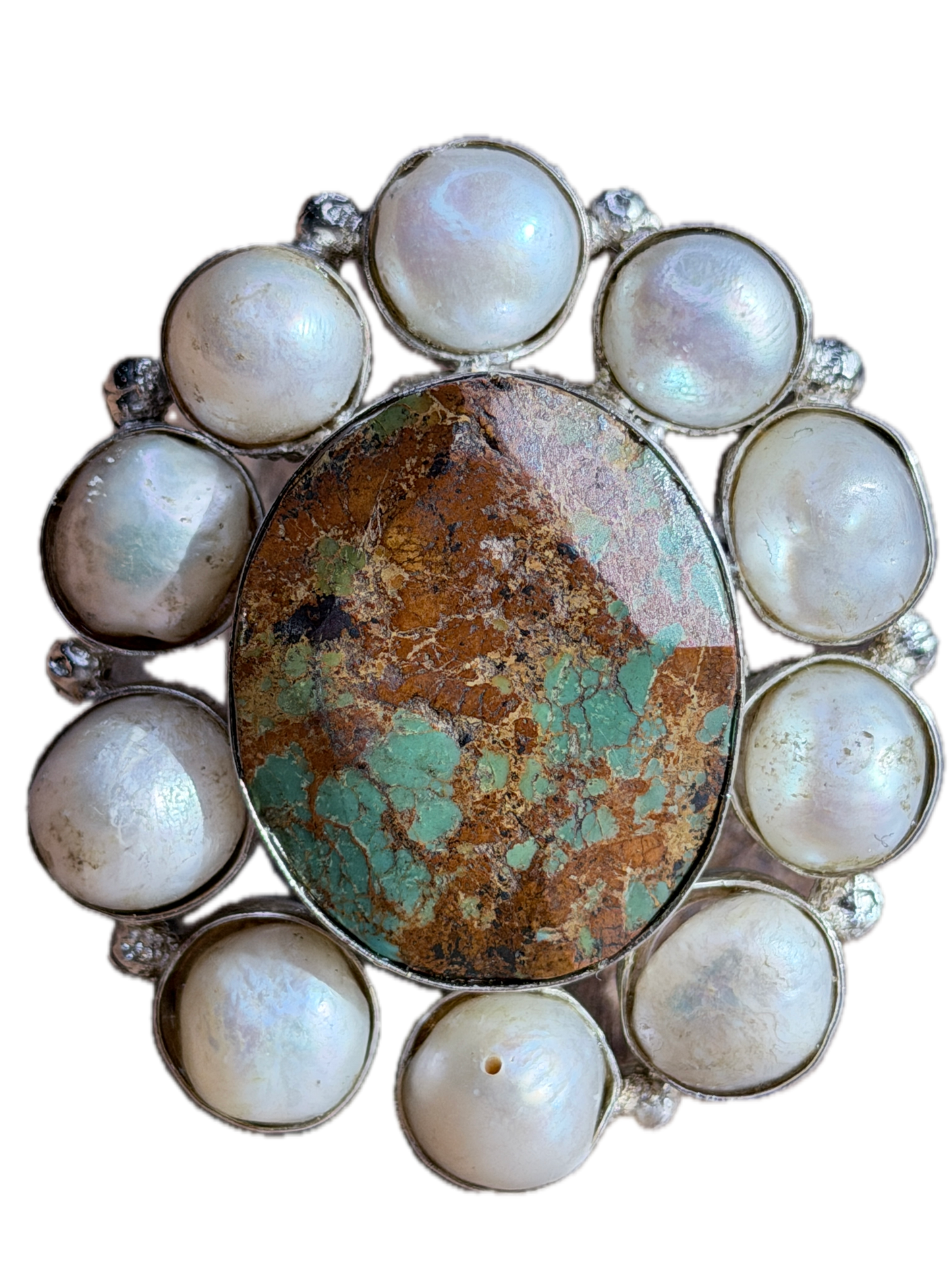 German Silver Turquoise and Pearl Cluster Ring