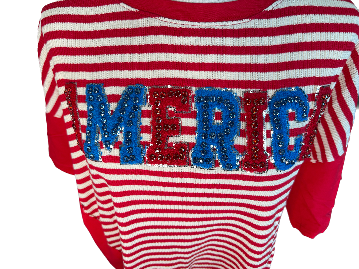 Peach Love- American Rhinestone Accent Striped Top (Red) *Final Sale*