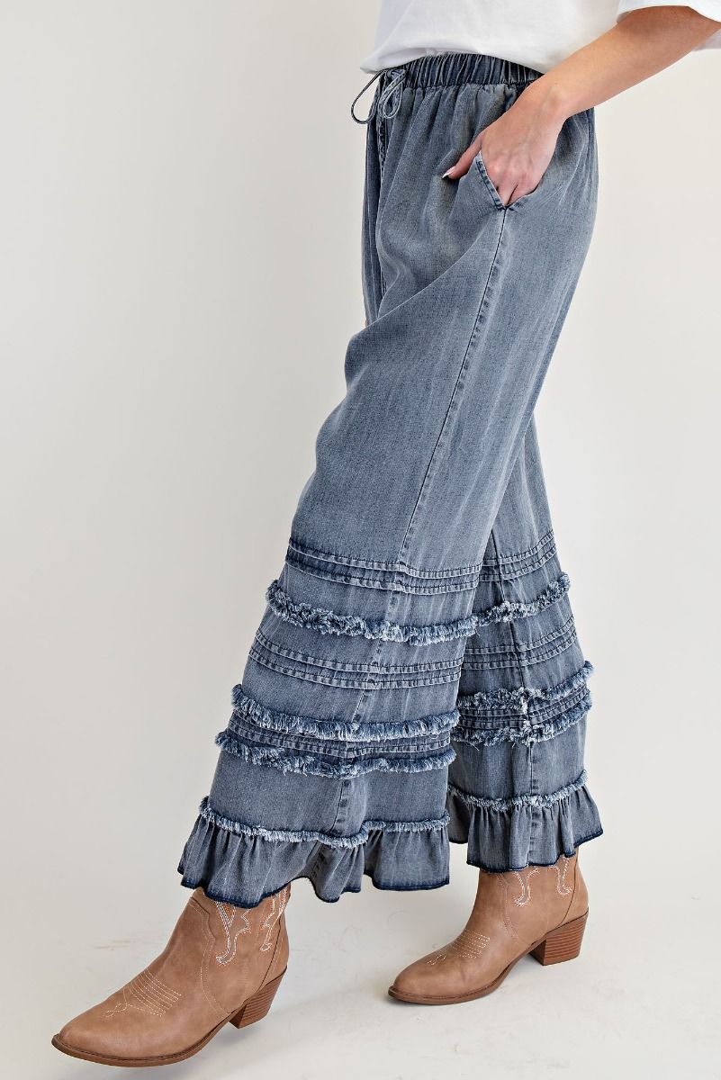 Easel- Self Fray Ruffle Bottom Pants (Dark Denim) *Final Sale*