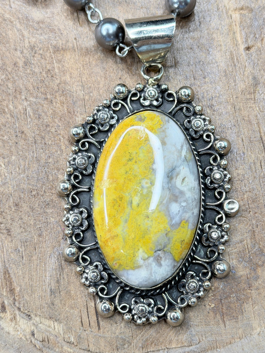 German Silver Bumble Bee Jasper Oval Necklace C