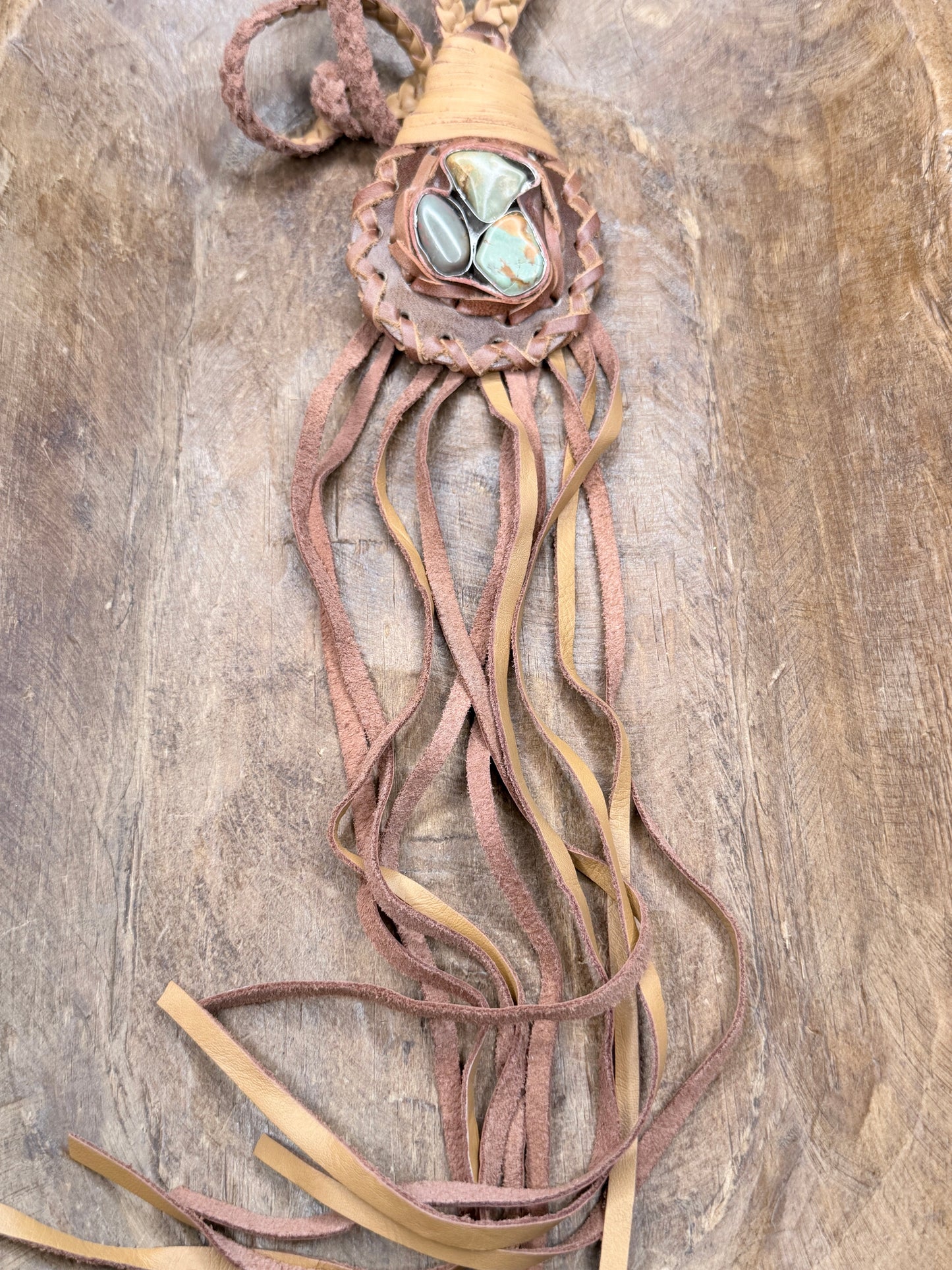 A Rare Bird- Turquoise Braided Leather Fringe Necklace