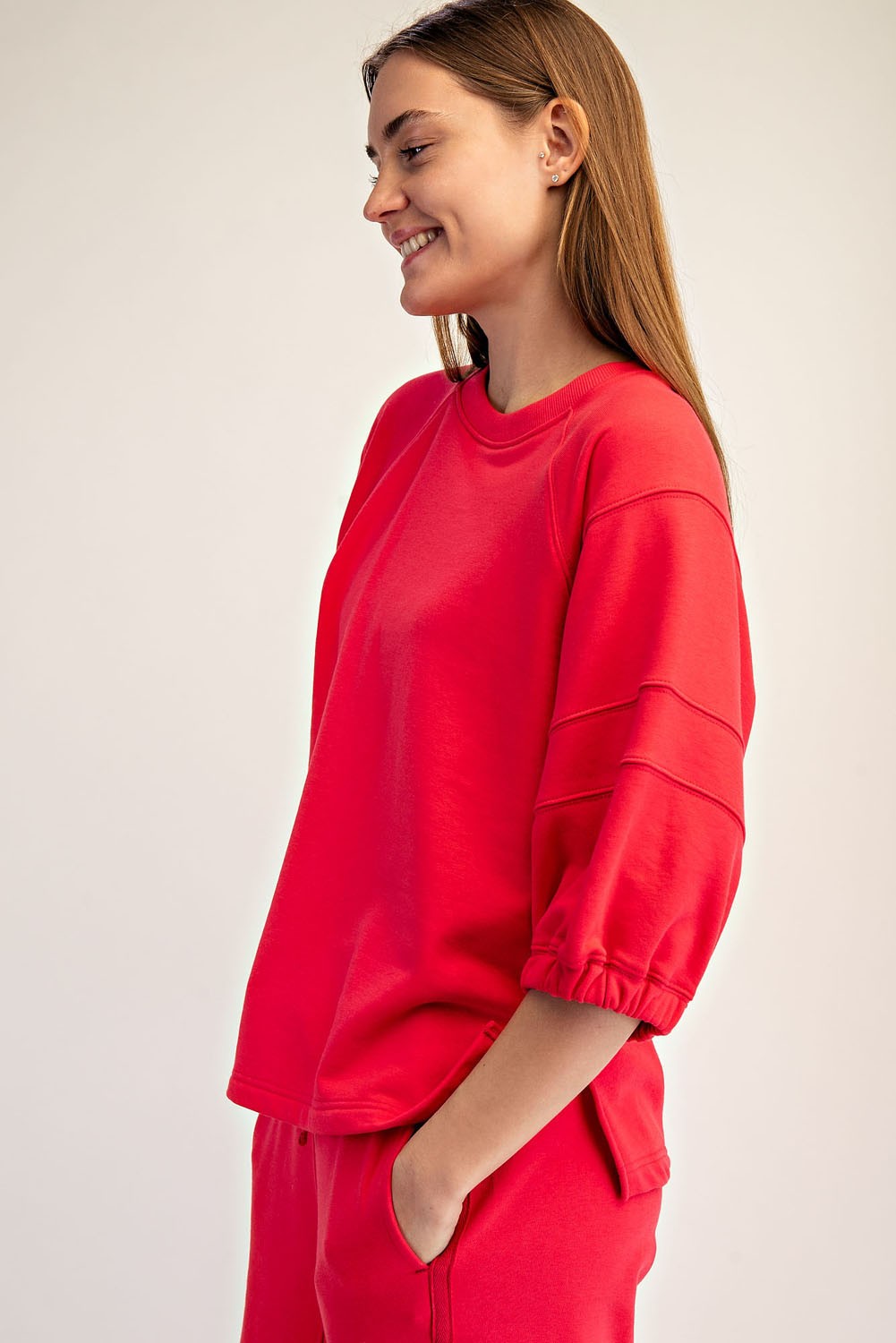 French Terry Bubbled Half Sleeve Top (Candy Red) *Final Sale*