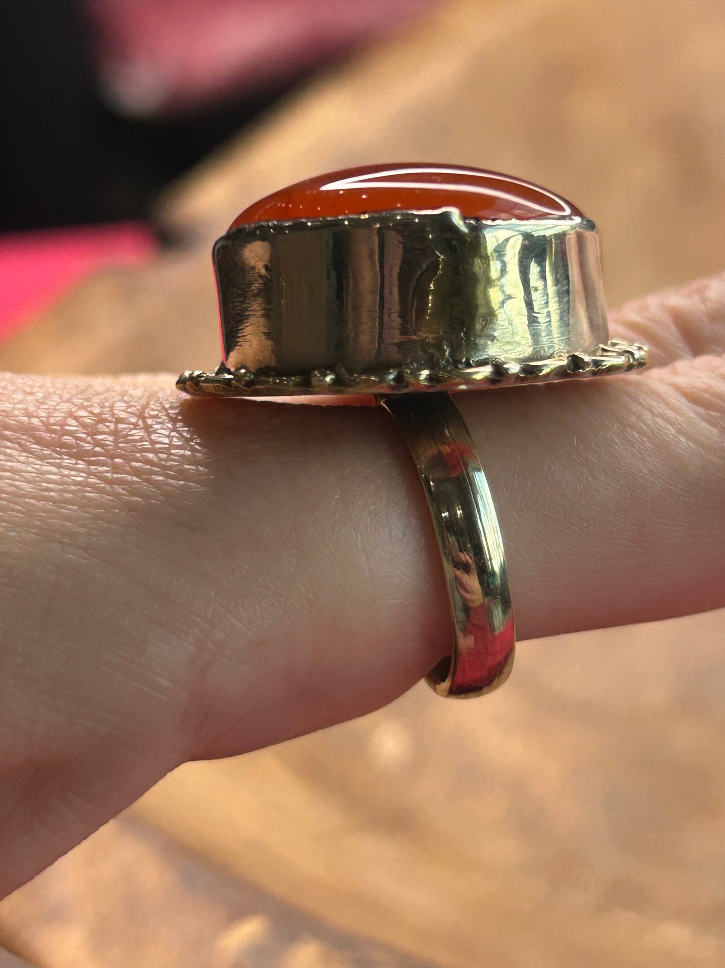 German Silver Small Orange Agate Ring