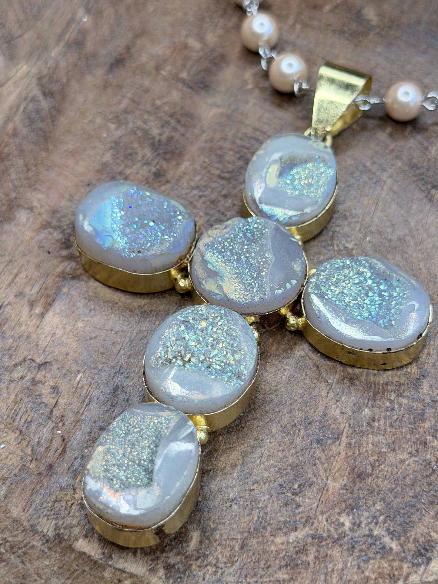 Bella German Silver Large Druzy Agate Cross Necklace