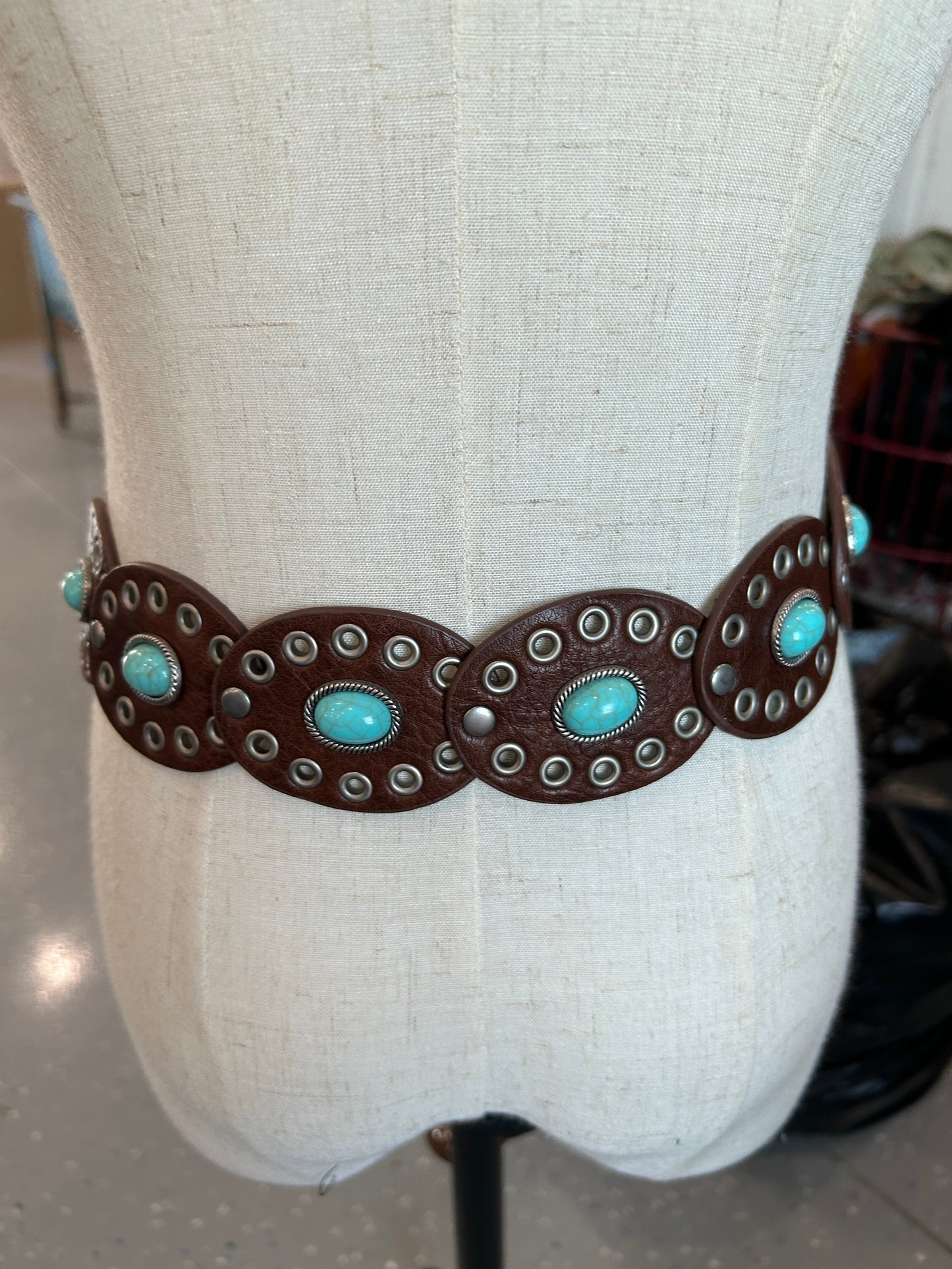 Turquoise Concho Leather Belt (Dark Brown)