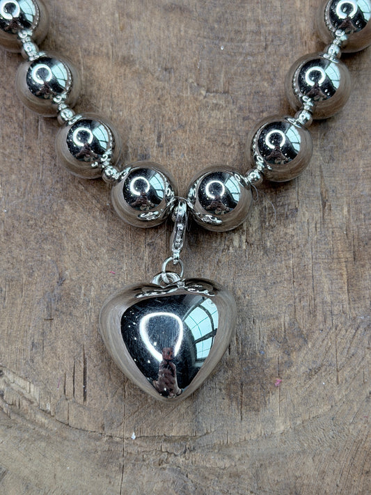 Silver Chunky Pearl Heart Necklace (Small)