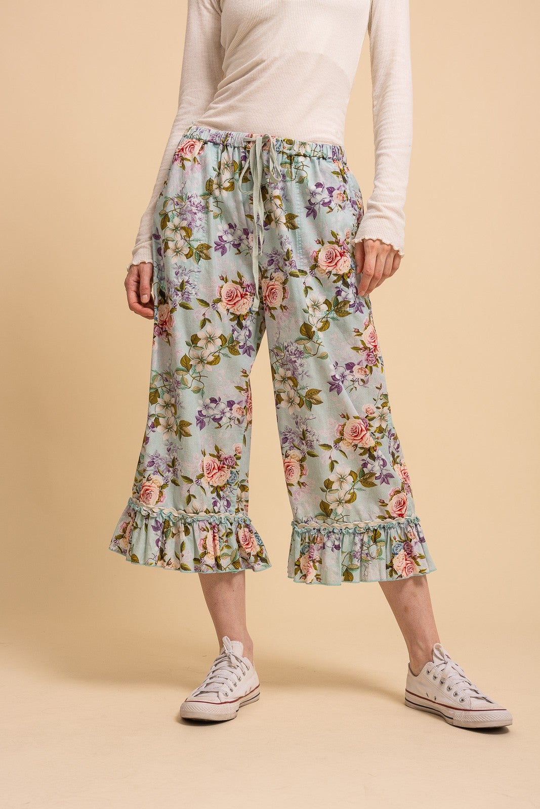 Bluevelvet- Floral Print Ruffle Bottom Pants (Light Blue) *Final Sale*