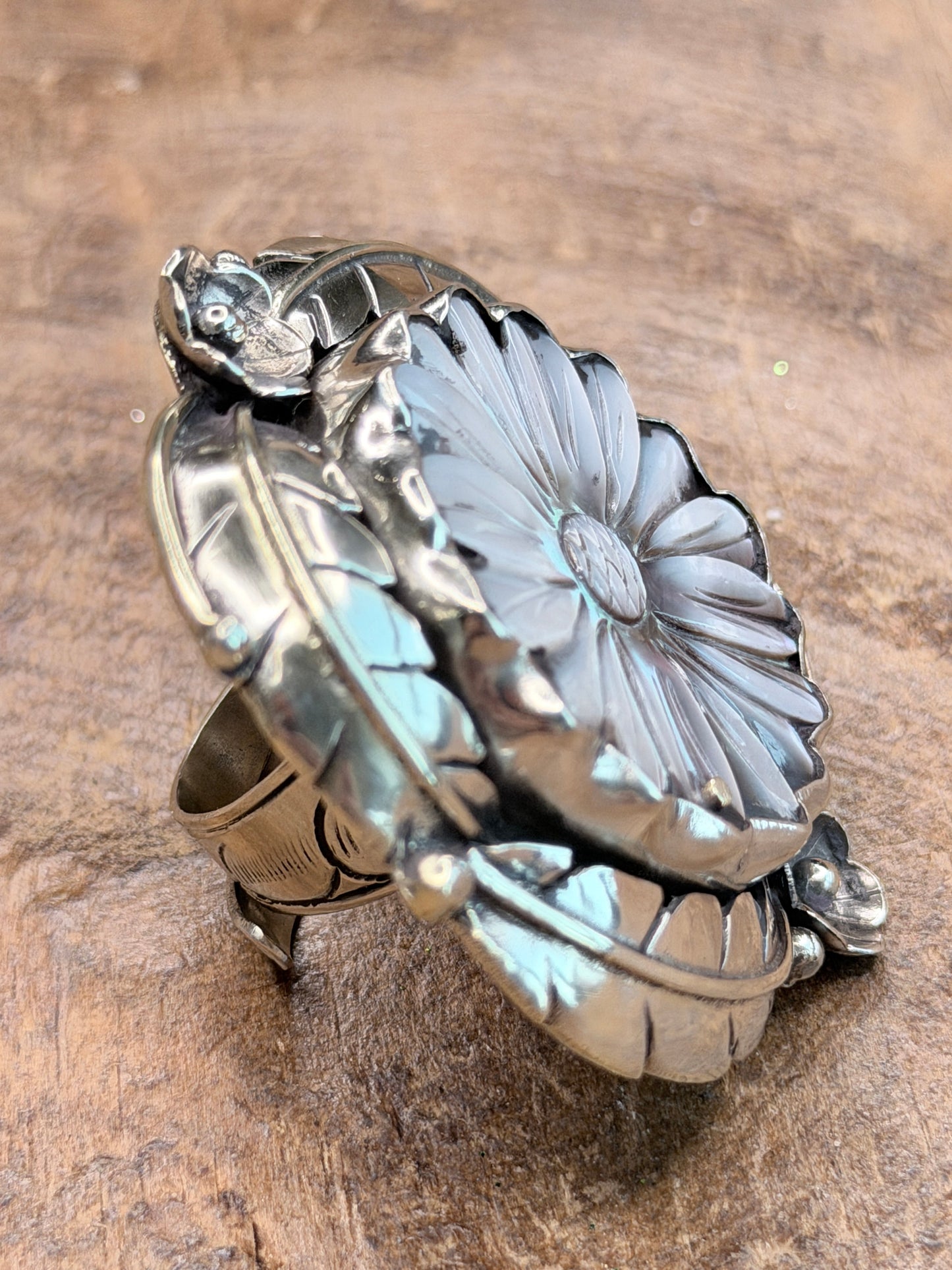 Beck Tibetan Silver Mother of Pearl Carved Flower Ring