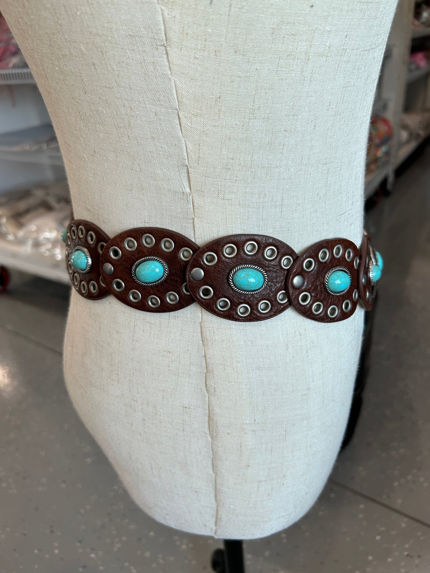 Turquoise Concho Leather Belt (Dark Brown)