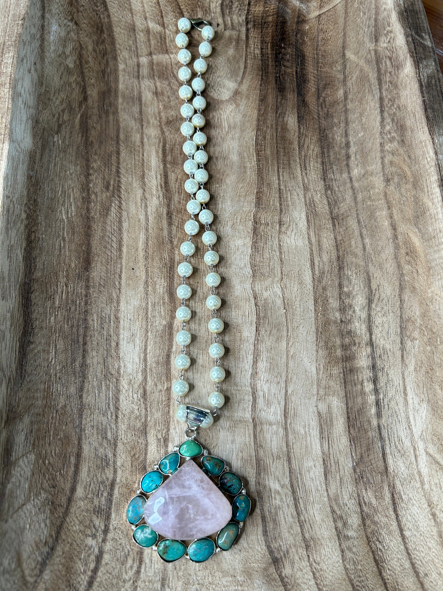Rose Quartz and Turquoise Necklace on Pearl Chain