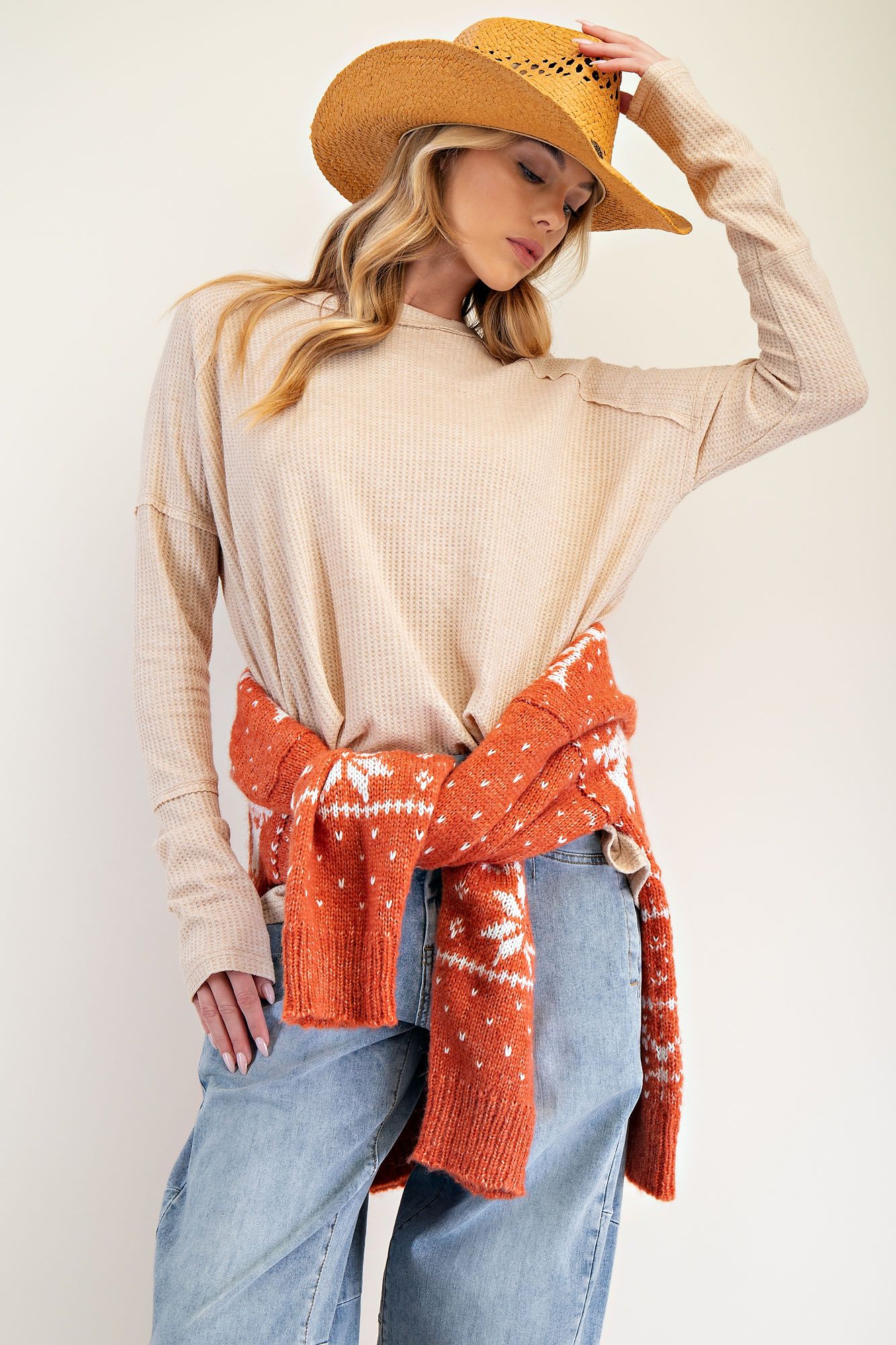 Easel- Thermal Knit Pullover (Khaki) *Final Sale*