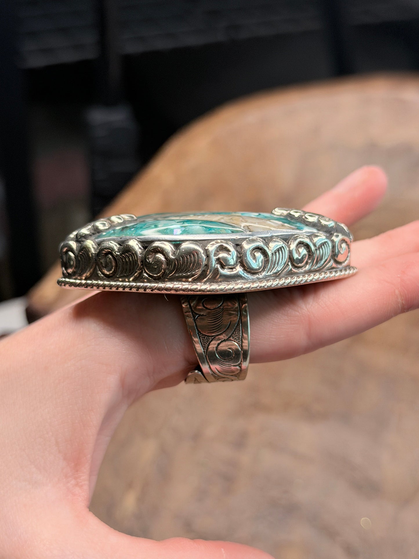 Tibetan Silver Large Blue and White Pearl Chip Ring