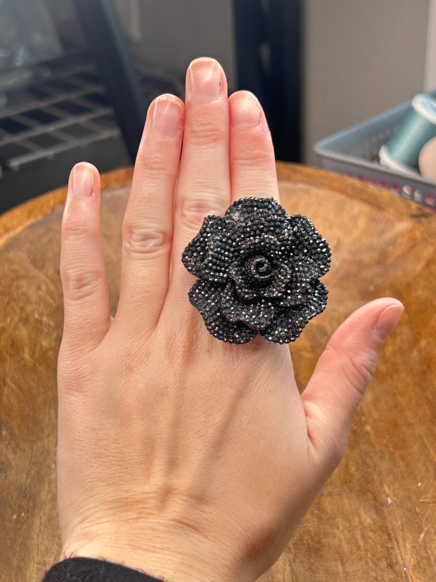 Rhinestone Black Dahlia Stretch Ring - ERR ORIGINAL