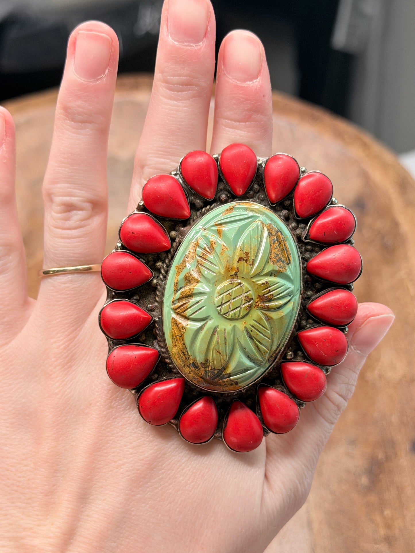 German Silver Carved Turquoise and Coral Ring