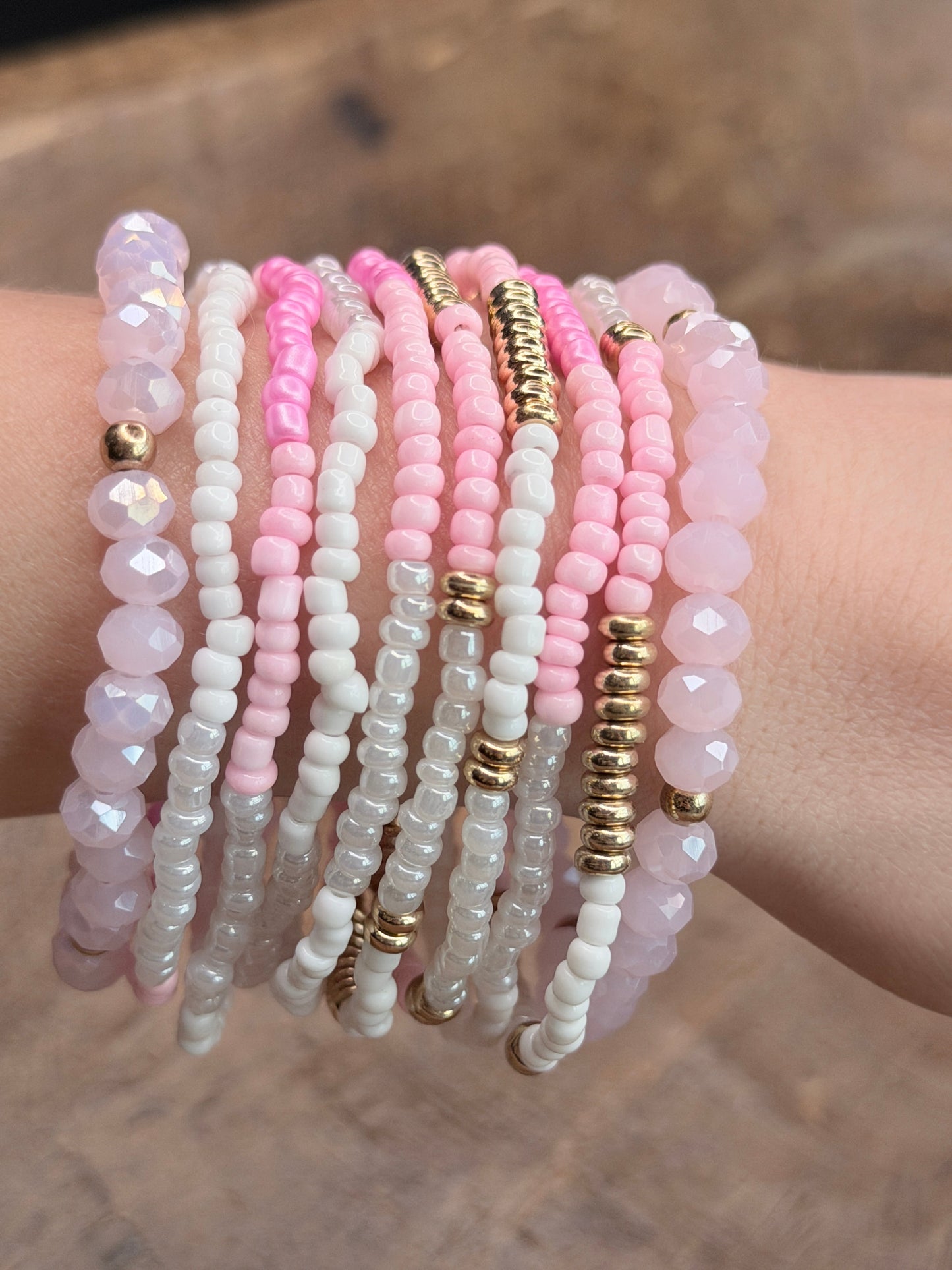 Bri Pink and Gold Crystal Beaded Bracelet Stack