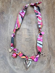 Pink and Gold Heart Charm Scarf Necklace