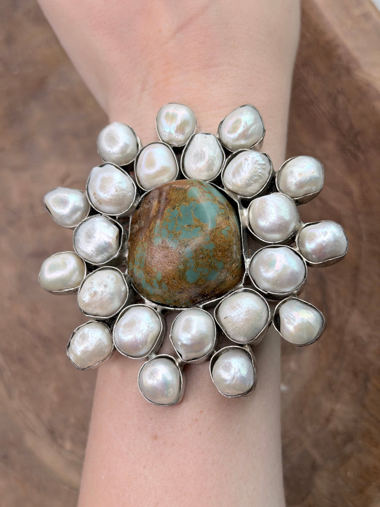 Bailey German Silver Freshwater Pearl and Turquoise Cluster Cuff