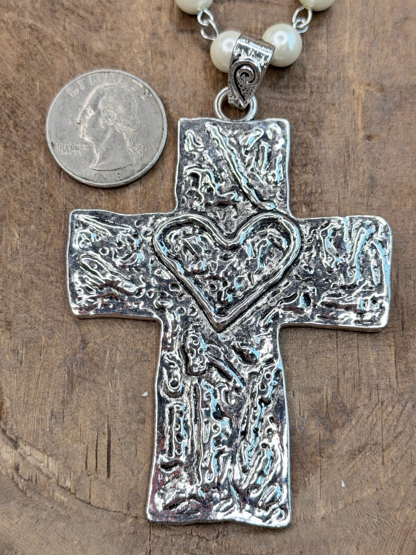 Textured Silver Heart Cross Necklace