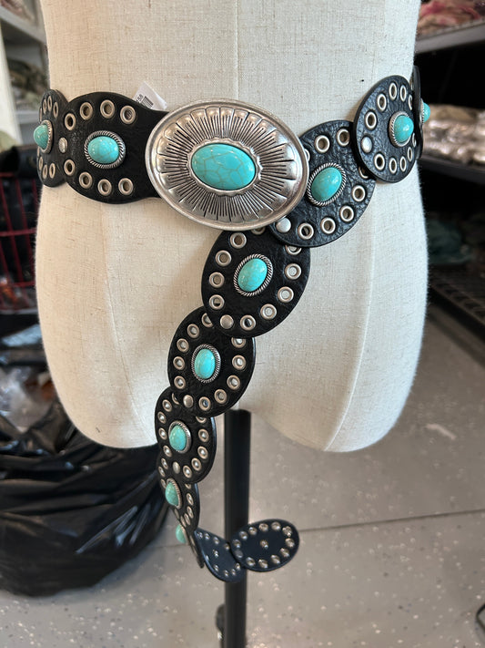 Turquoise Concho Leather Belt (Black)