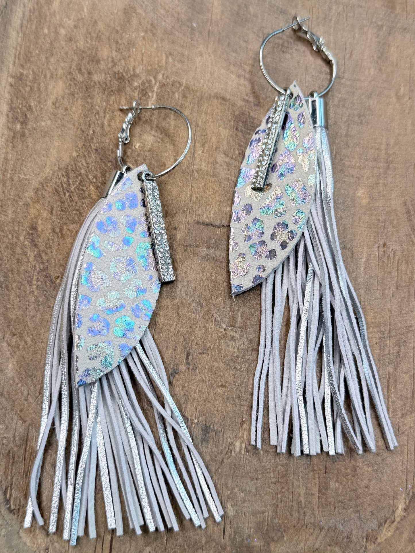 Sandra Ling Designs- Rainbow Leopard Fringe Feather Earrings