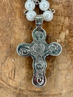 Tibetan Silver Pearl Cross Pendant Necklace