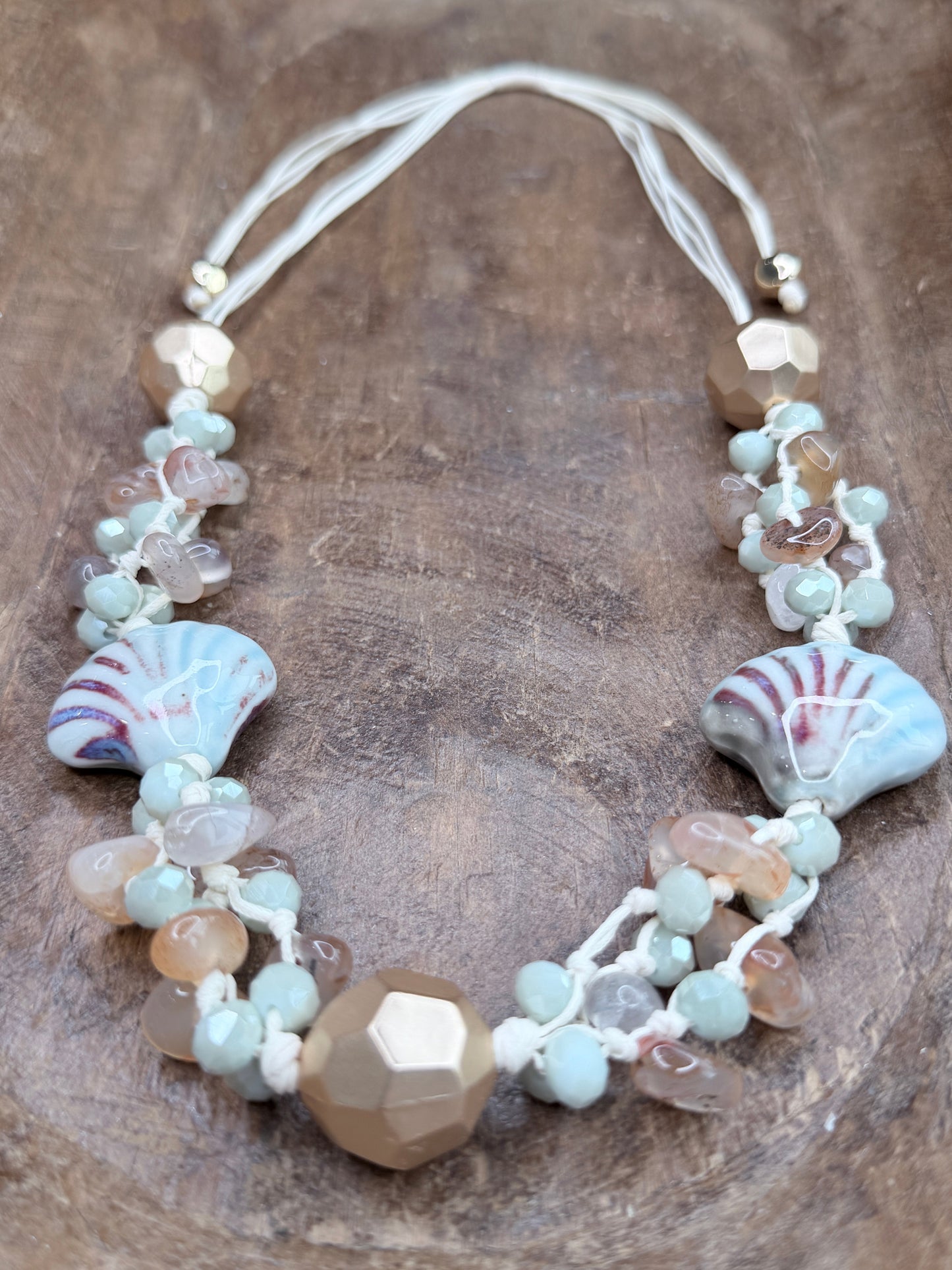 Sea-foam and Gold Woven Shell Necklace